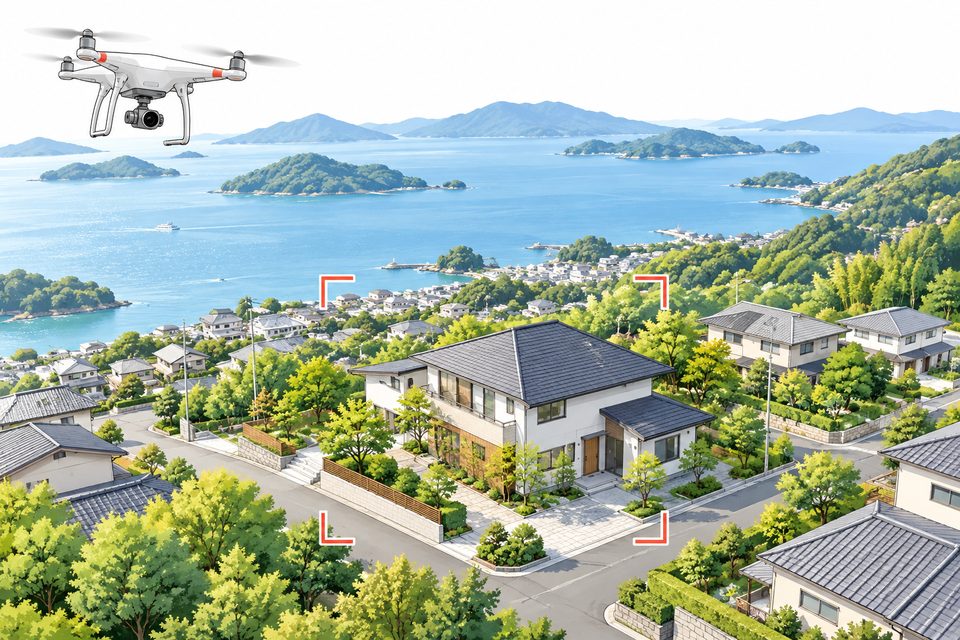 家と周辺の景色を上空から見るドローン撮影の説明用イメージ