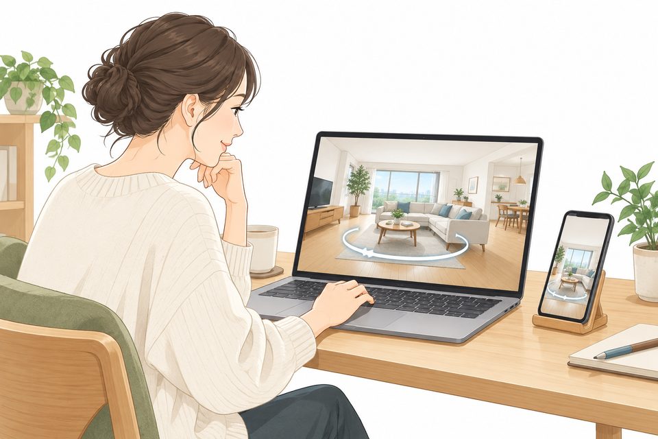 パソコンとスマートフォンで室内を見るVR内見の説明用イメージ